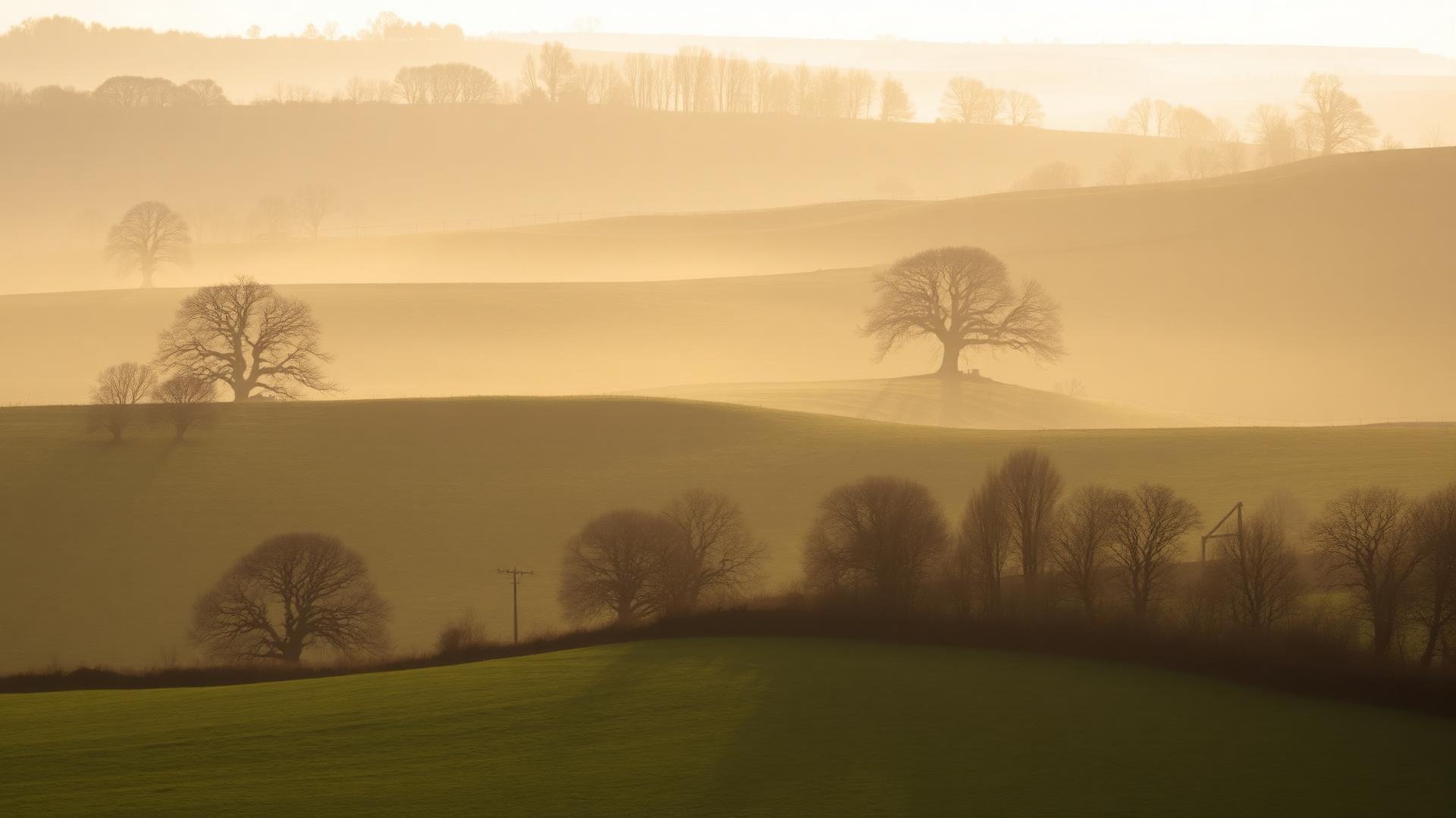 Rolling Herefordshire hills at dawn